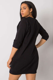 Plus Size Velissia Cotton Dress with 3/4 Sleeves and Side Pockets, Classic Black Silhouette for Comfortable Everyday Wear
