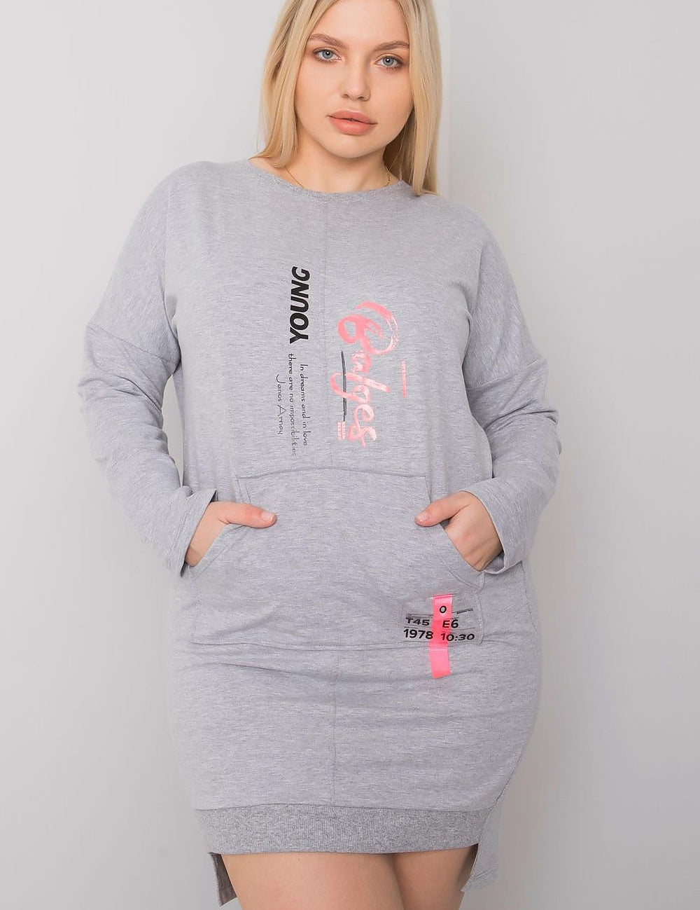 Plus Size Erelvine Pocket Day Dress with Gray Minimalist Design Featuring Long Sleeves and Front Pocket for Casual Comfort