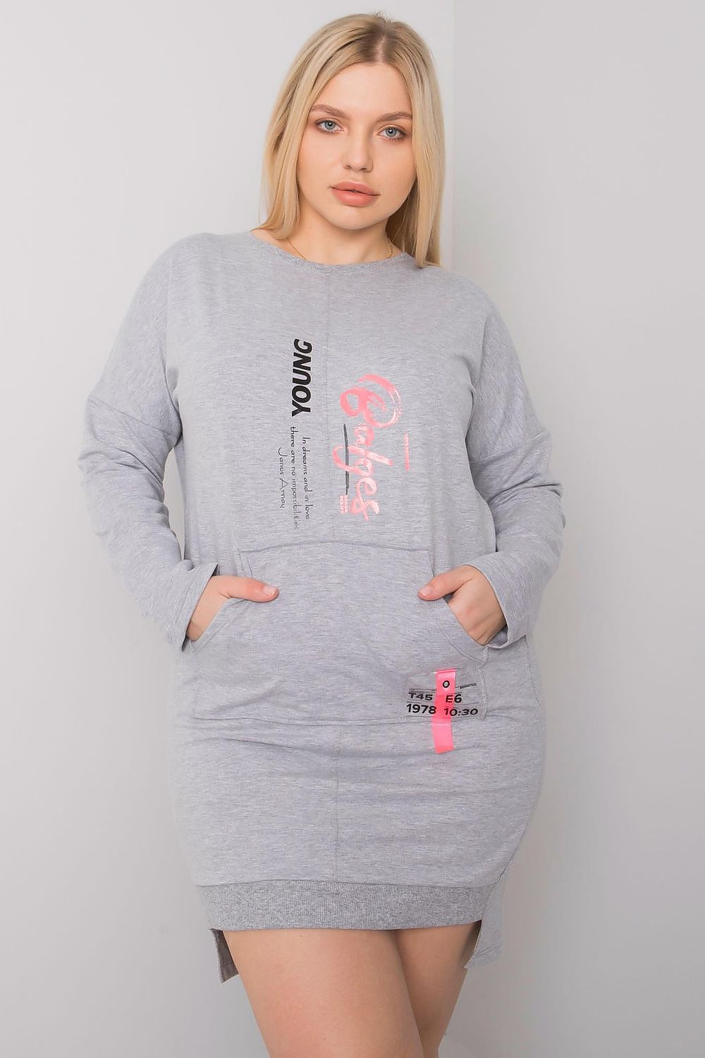 Plus Size Erelvine Pocket Day Dress with Gray Minimalist Design Featuring Long Sleeves and Front Pocket for Casual Comfort