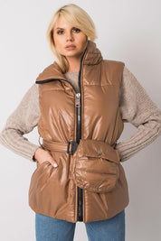Woman wearing brown Calveris Belted Lined Zip Gilet, featuring front zip closure and side pockets, perfect for versatile layering.