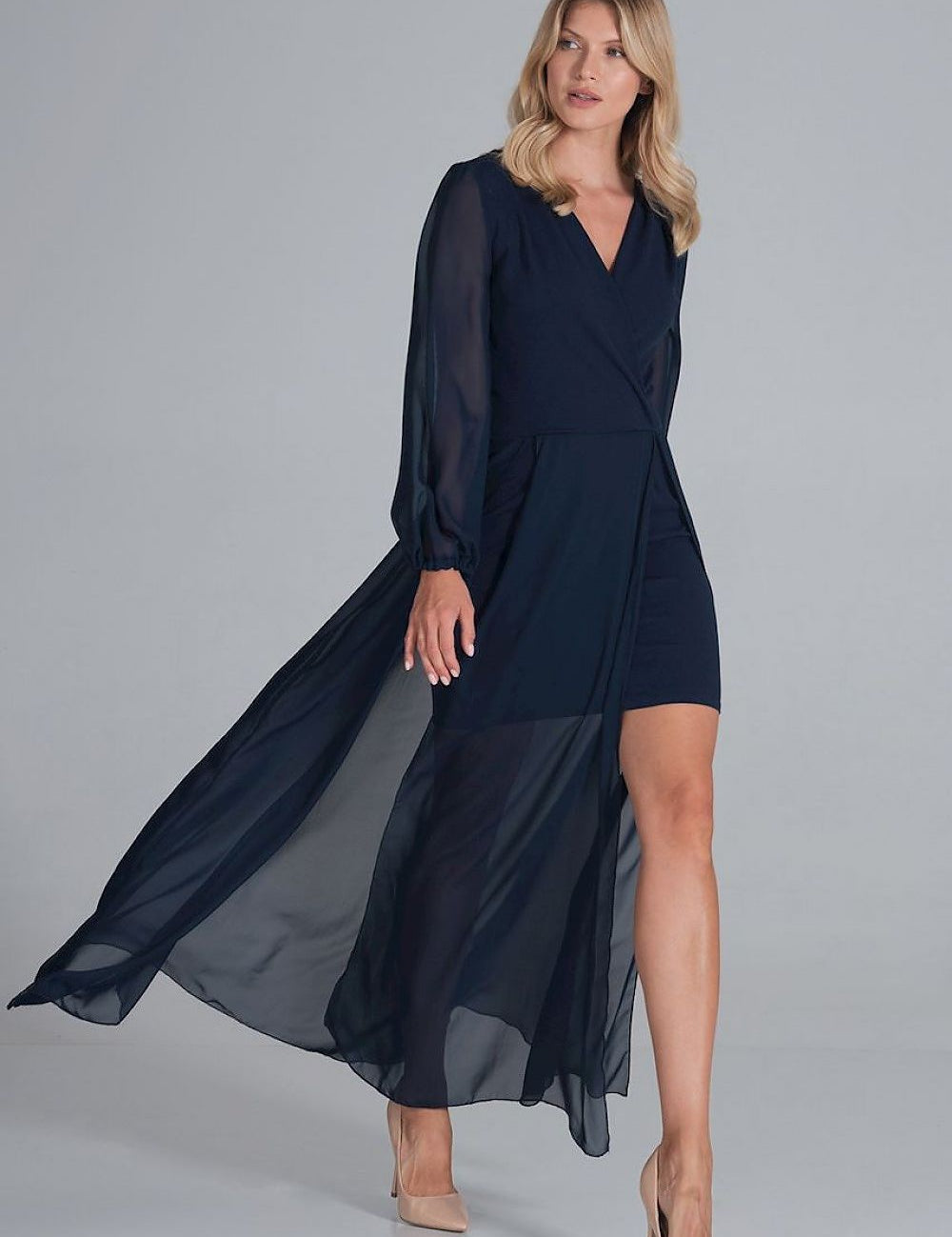 Elvianne Chiffon Overlay Gown with envelope neckline and flowing sleeves for elegant celebrations and cocktail evenings