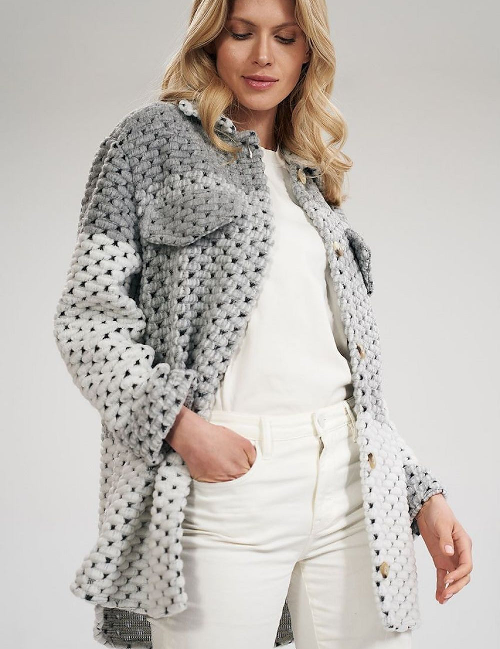 Woman wearing Corvielle Straight Wool-Blend Jacket with decorative patches, straight sleeves, and button closure, styled for casual wear.