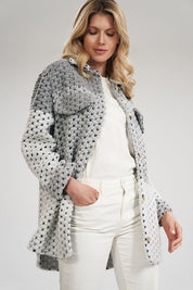 Woman wearing Corvielle Straight Wool-Blend Jacket with decorative patches, straight sleeves, and button closure, styled for casual wear.