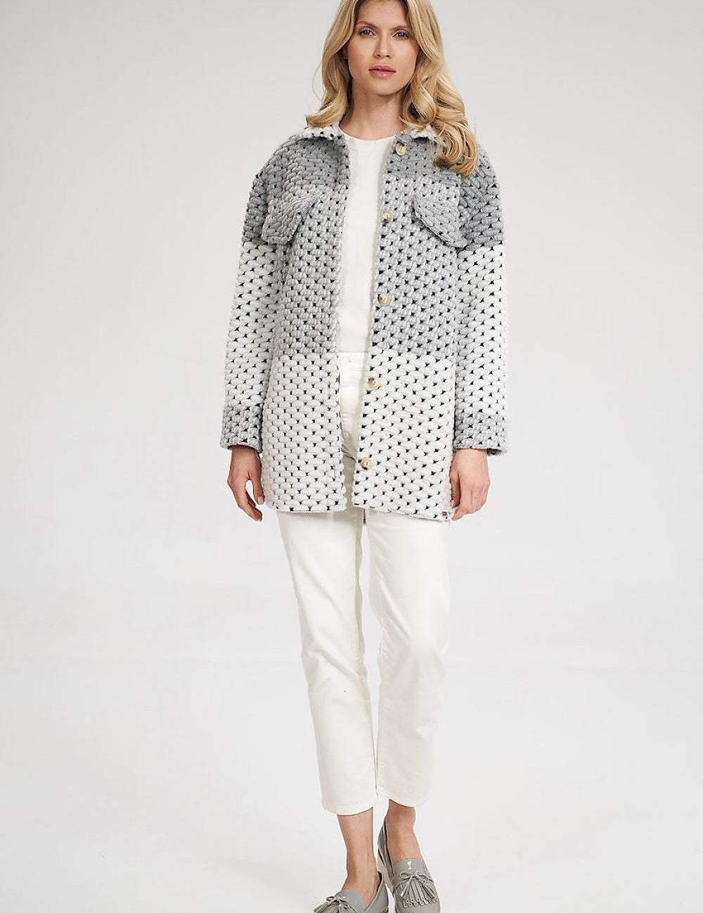 Woman wearing Corvielle Straight Wool-Blend Jacket with button closure, decorative patches, and side slits for effortless style.