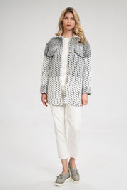 Woman wearing Corvielle Straight Wool-Blend Jacket with button closure, decorative patches, and side slits for effortless style.