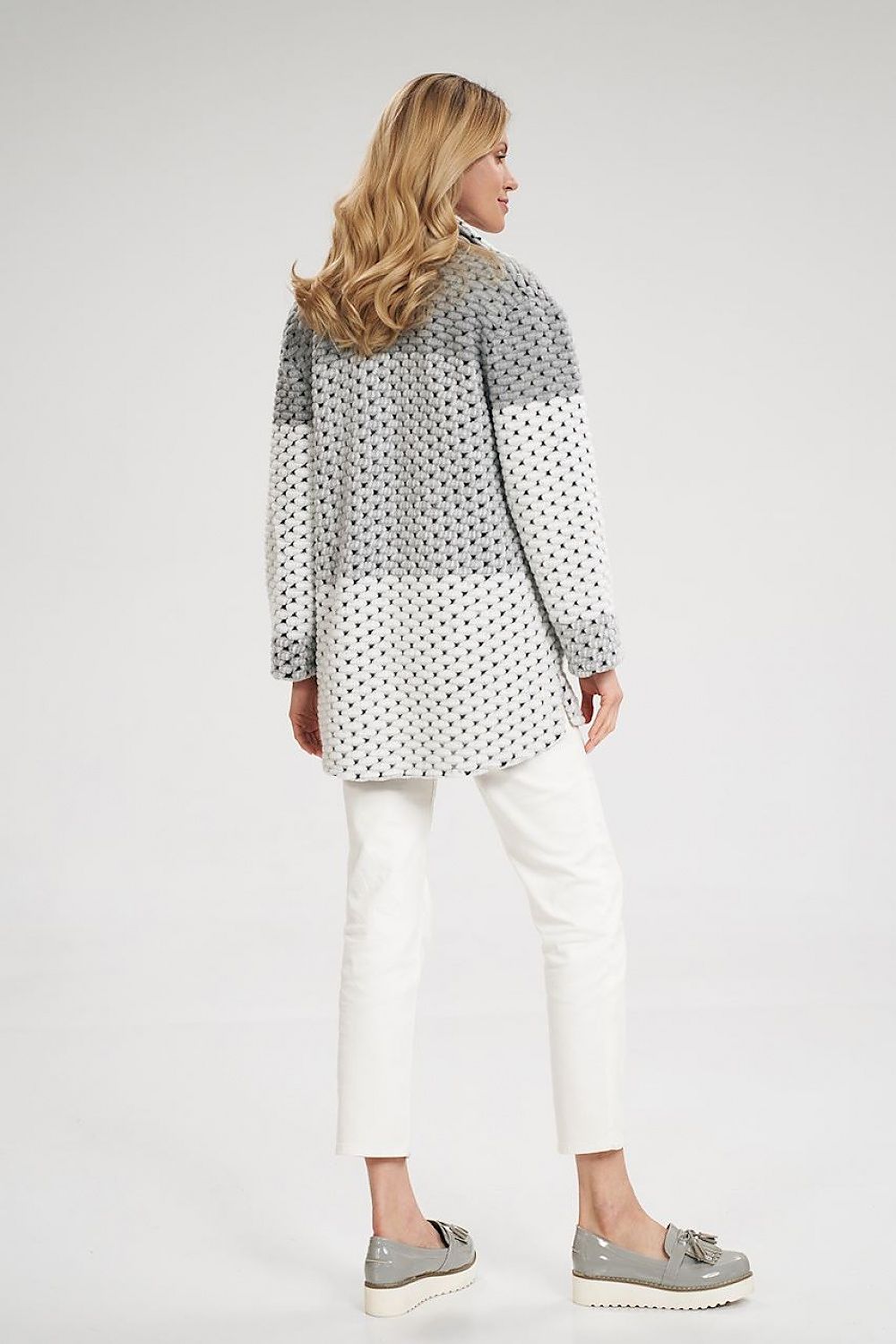 Woman wearing Corvielle Straight Wool-Blend Jacket, back view, showcasing decorative patches and straight cut style.