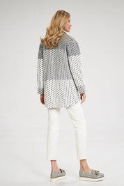 Woman wearing Corvielle Straight Wool-Blend Jacket, back view, showcasing decorative patches and straight cut style.