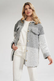 Woman wearing a Corvielle Straight Wool-Blend Jacket with button closure and decorative patches, styled with a minimalist, elegant look.
