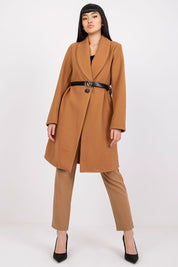 Woman wearing Corvianne Belted Buttoned Coat in brown, featuring a streamlined silhouette, long sleeves, and side slip pockets.