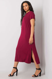 Plus Size Serelinne Casual Summer Dress in burgundy with short sleeves and slit hem, perfect for effortless comfort and style.
