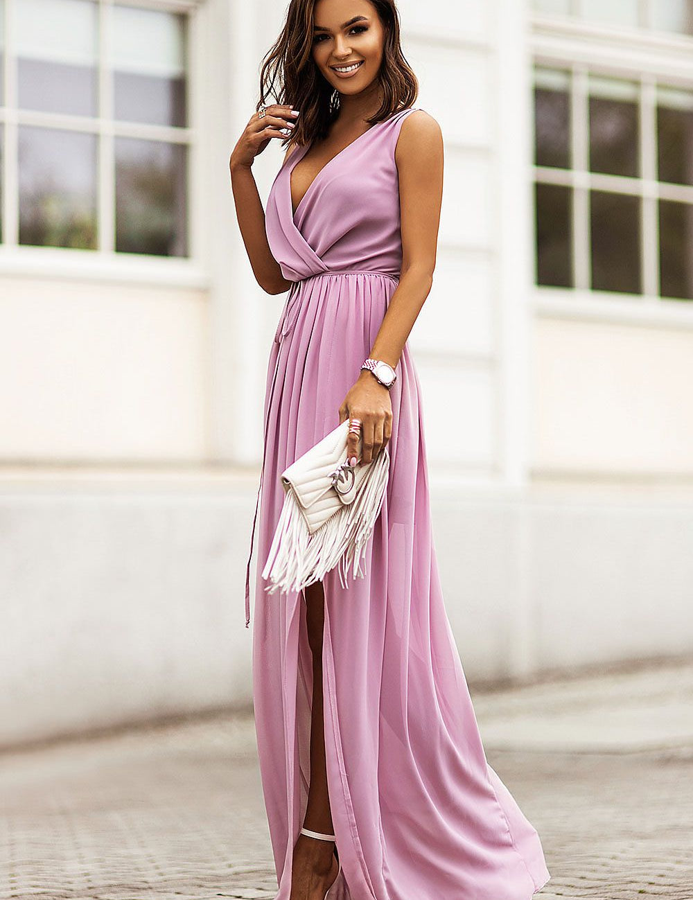Plus Size Lorentia Chiffon Maxi Dress with V-neckline, side slit, and adjustable waist, shown in lavender color, floor-length view.