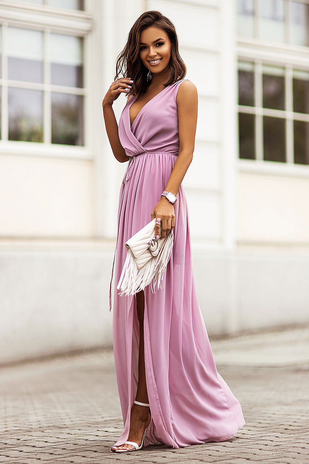 Plus Size Lorentia Chiffon Maxi Dress with V-neckline, side slit, and adjustable waist, shown in lavender color, floor-length view.