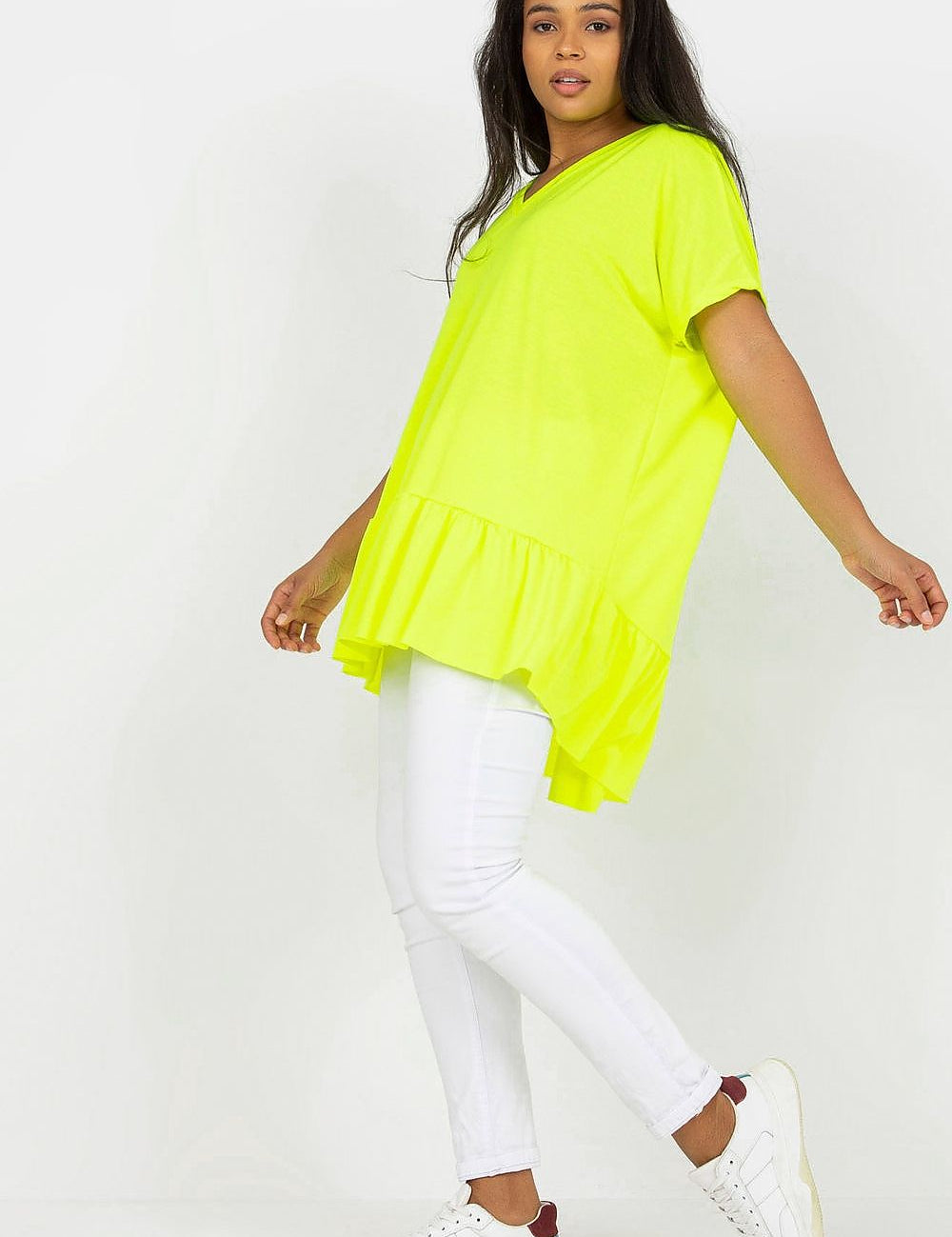 Plus Size Alveria Frilled Tunic in bright yellow, featuring a heart-shaped neckline, asymmetrical hemline, and short sleeves.