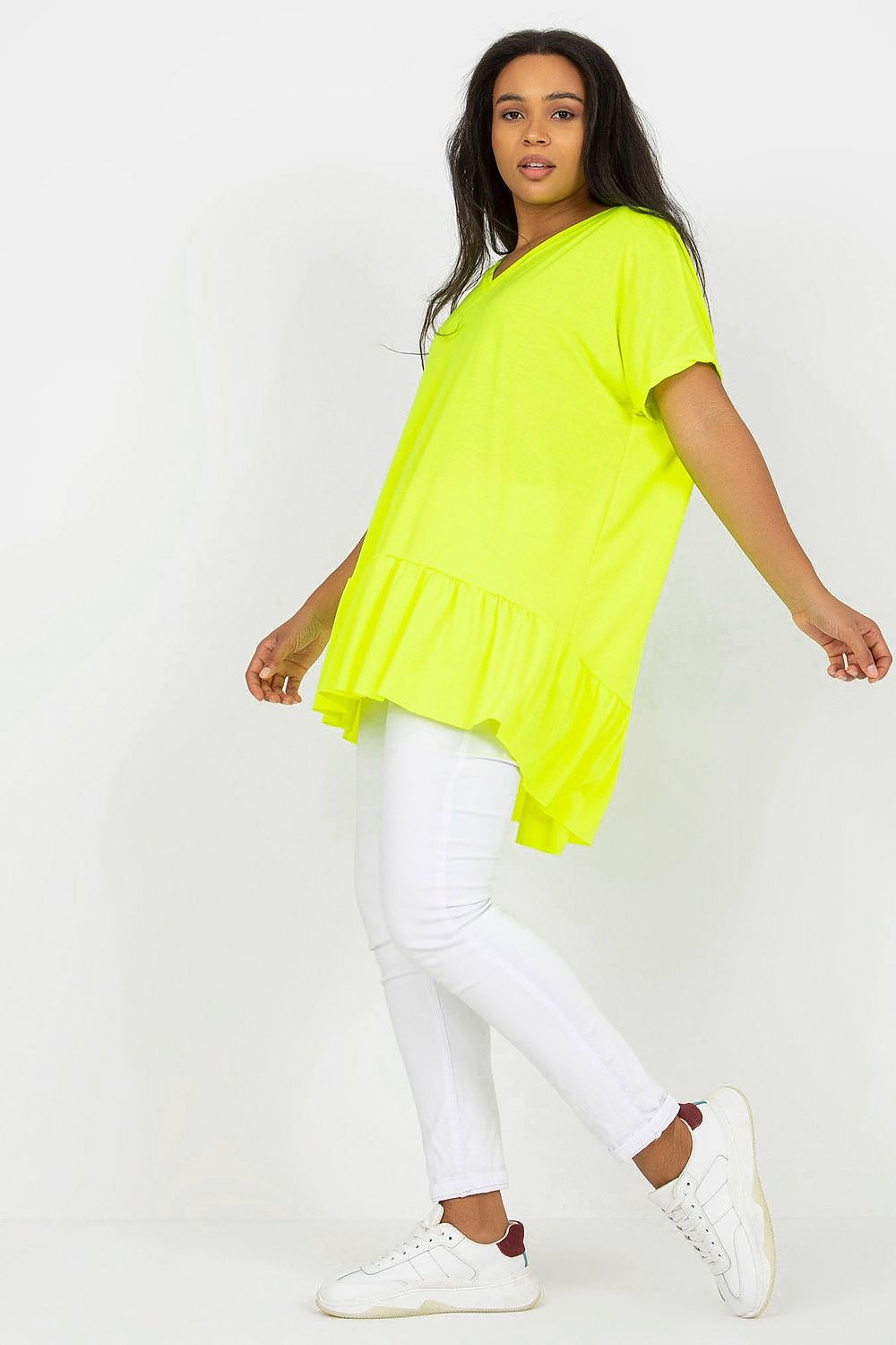 Plus Size Alveria Frilled Tunic in bright yellow, featuring a heart-shaped neckline, asymmetrical hemline, and short sleeves.