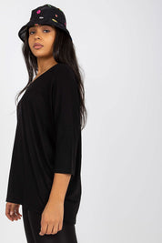 Model wearing Plus Size Melivora Sweetheart Blouse with a relaxed fit, showcasing the 3/4 sleeves and elegant drape.