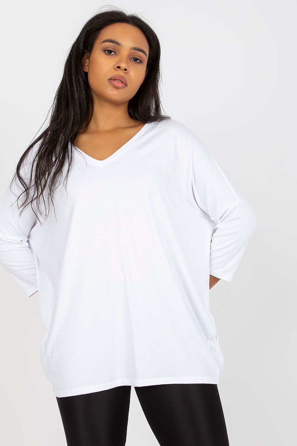 Plus Size Melivora Sweetheart Blouse with 3/4 sleeves, featuring a romantic neckline and flowing design for elegant comfort.