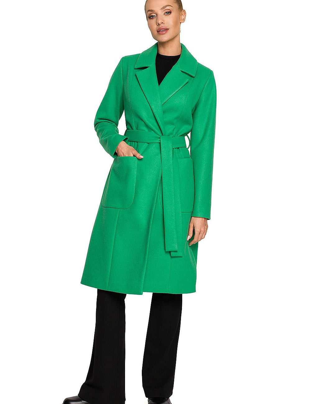 Woman wearing Alvenora Belted Fleece Long Coat in green, featuring classic collar, patch pockets, and matching waist belt.