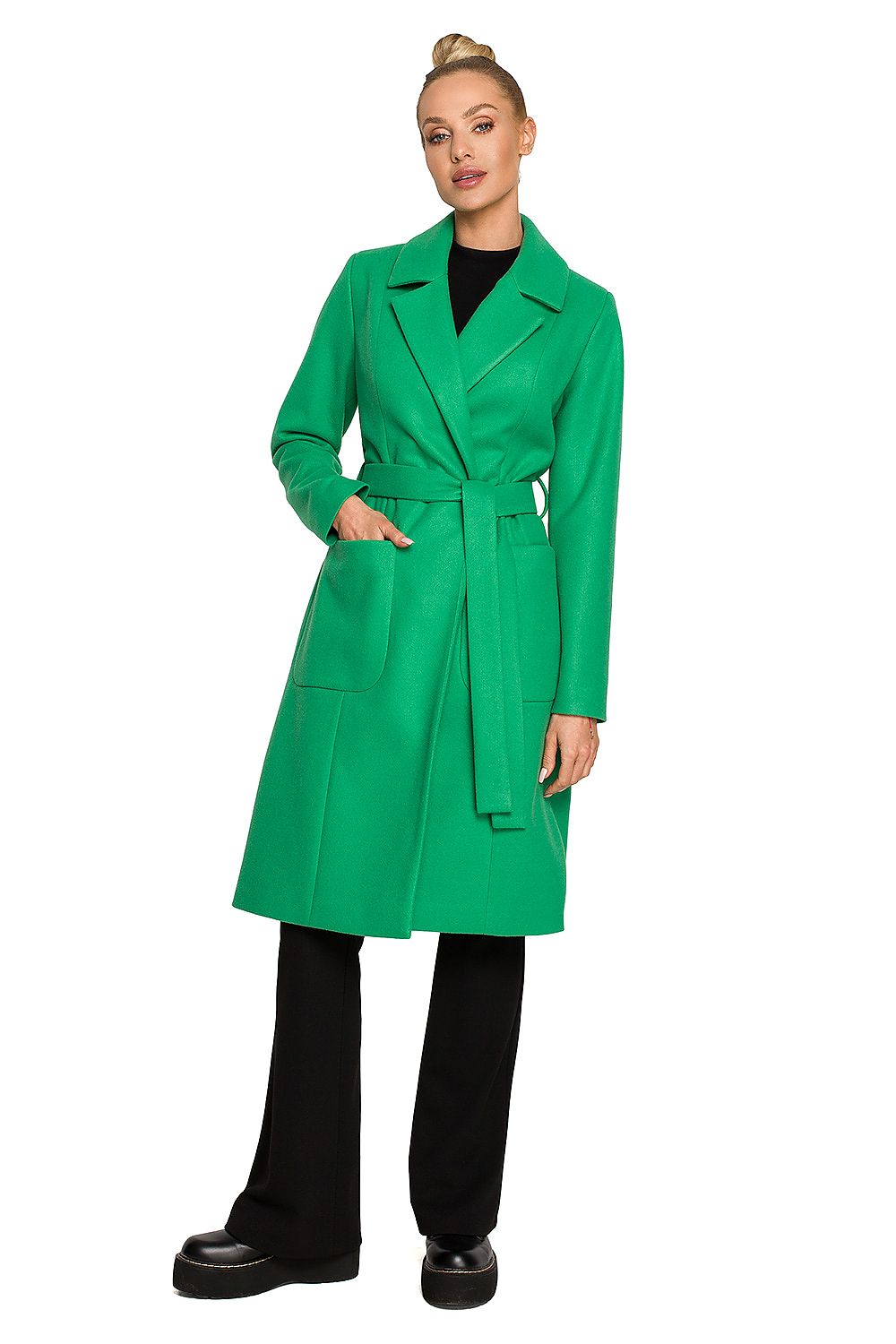 Woman wearing Alvenora Belted Fleece Long Coat in green, featuring classic collar, patch pockets, and matching waist belt.