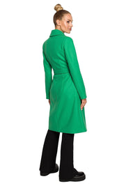 Back view of model wearing green Alvenora belted fleece long coat with classic collar and straight silhouette.