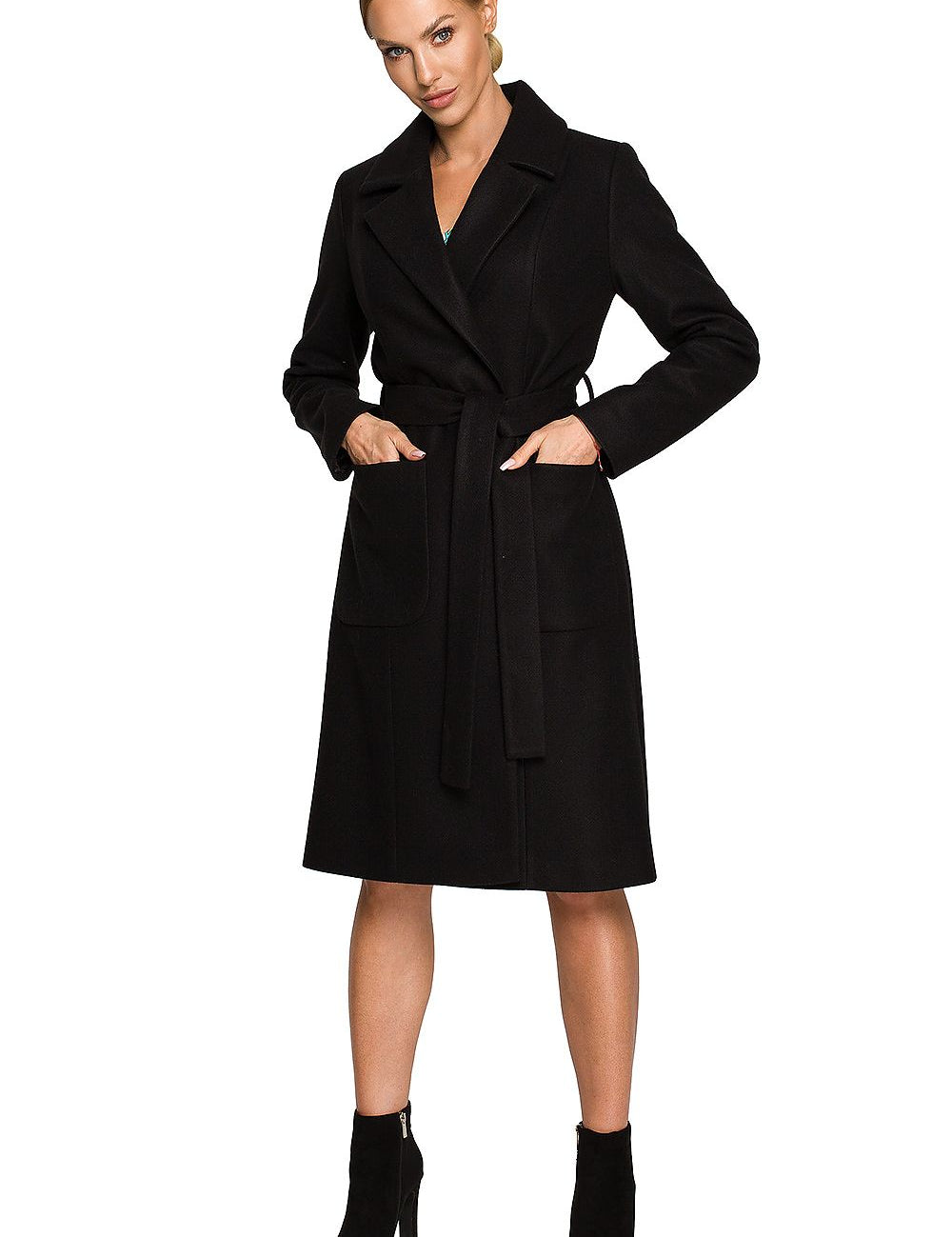 Woman wearing Alvenora Belted Fleece Long Coat with patch pockets and classic collar, showcasing stylish comfort and versatility.