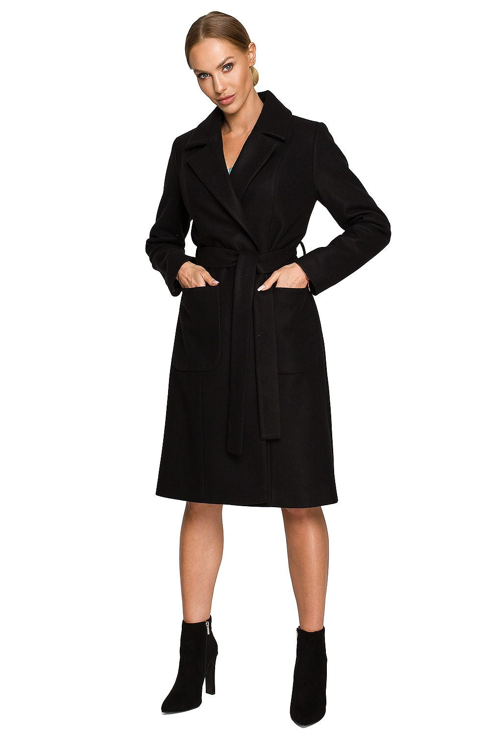 Woman wearing Alvenora Belted Fleece Long Coat with patch pockets and classic collar, showcasing stylish comfort and versatility.