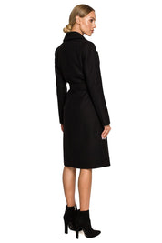 Back view of Alvenora Belted Fleece Long Coat with classic collar, waist tie belt, and patch pockets, worn by a female model.