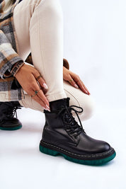 Varnisse Hollowtread Warm Structure platform boots with eco leather look, lace-up, side zipper, and green treaded sole for stability.