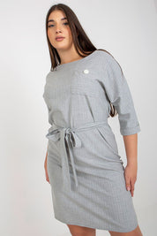Velmira Plus Size Striped Pencil Dress with 3/4 sleeves, round neckline, and tie belt accentuating the waist, offering a flattering fit.
