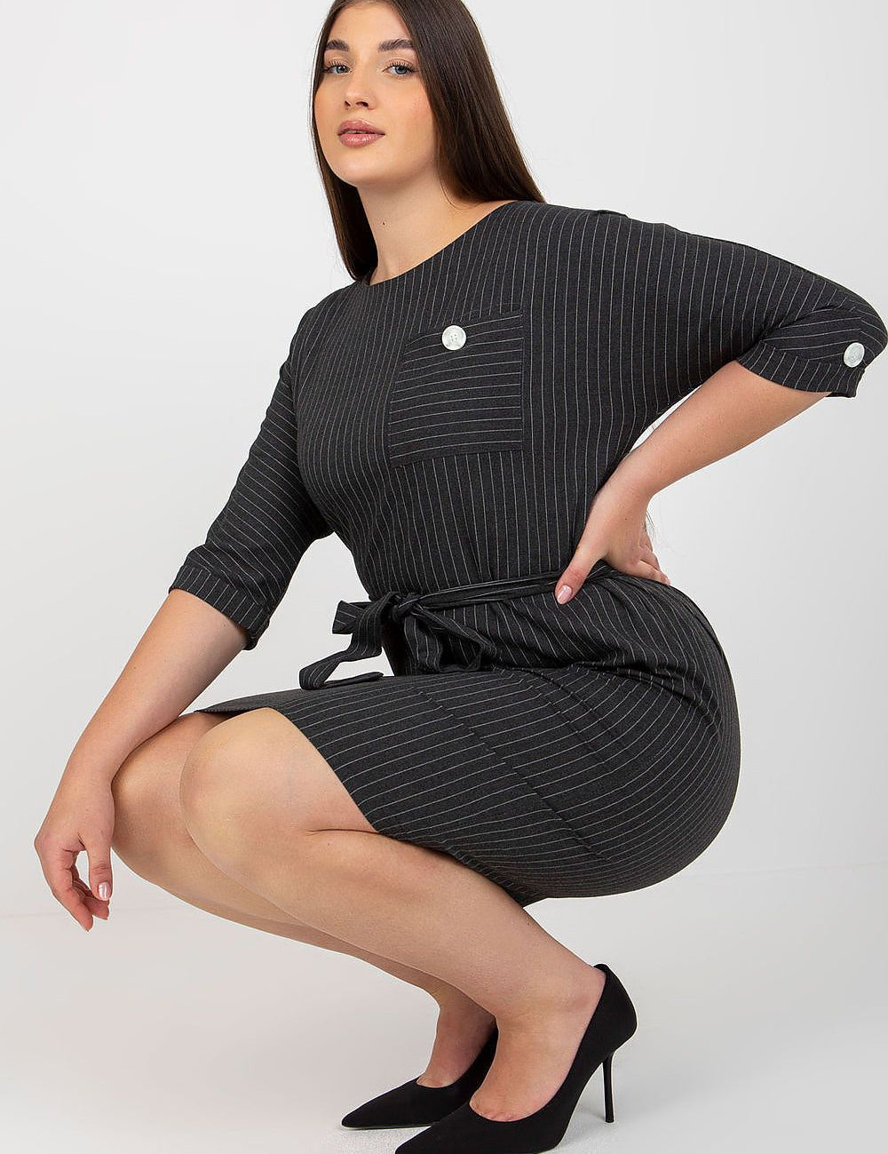 4 sleeves, round neckline, and tie belt for flattering fit.