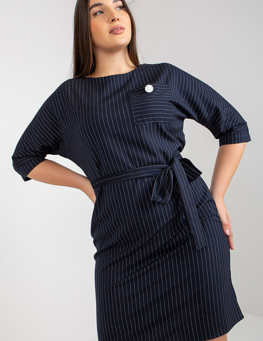 4 sleeves and tie belt, showcasing elegant tailored fit for office or everyday wear.