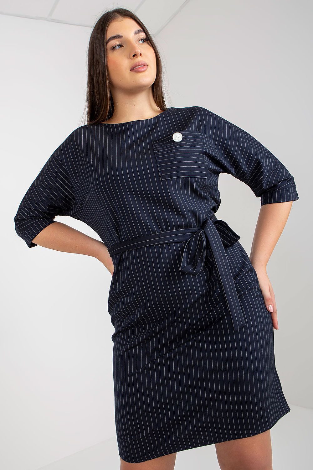 Velmira Plus Size Striped Pencil Dress with 3/4 sleeves and tie belt, showcasing elegant tailored fit for office or everyday wear.