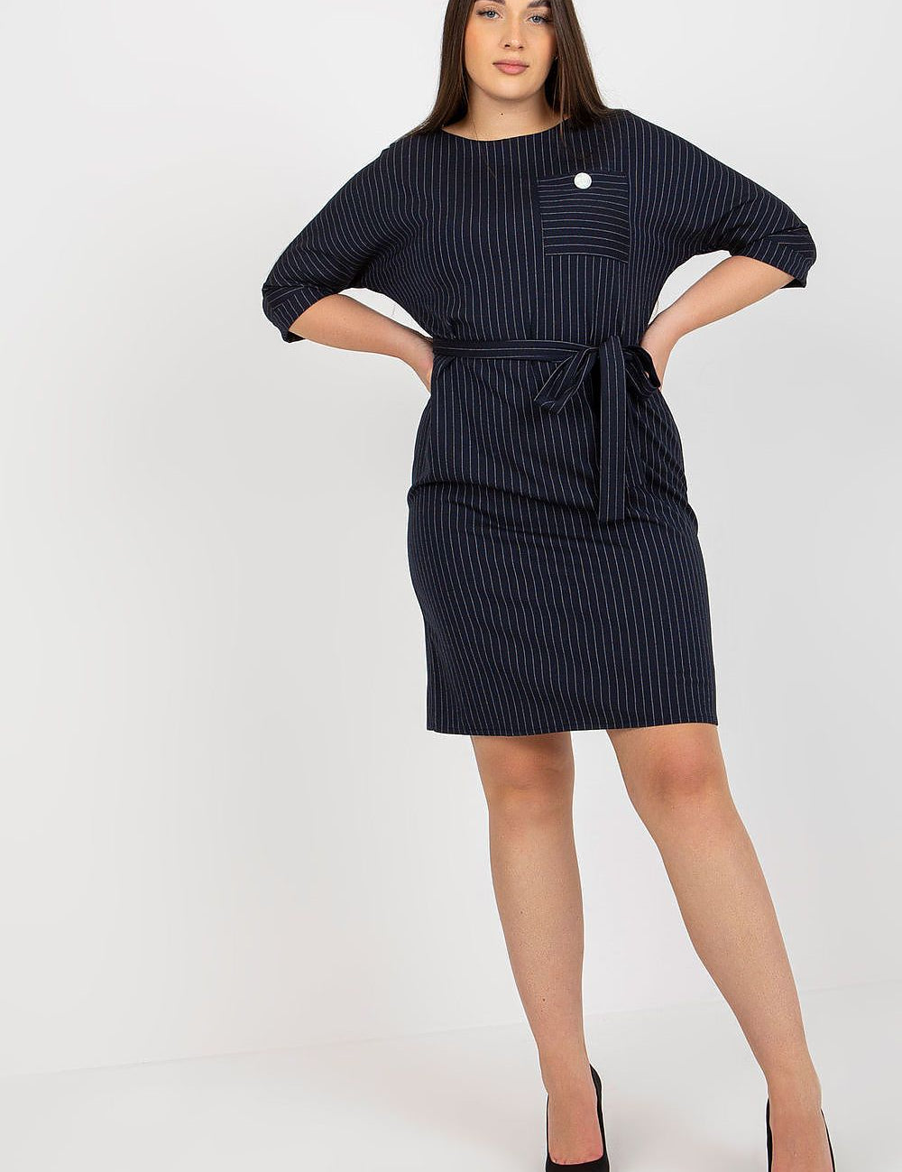 4 sleeves, round neckline, and tie belt for a flattering feminine silhouette.