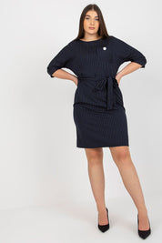 Velmira Plus Size Striped Pencil Dress with 3/4 sleeves, round neckline, and tie belt for a flattering feminine silhouette.