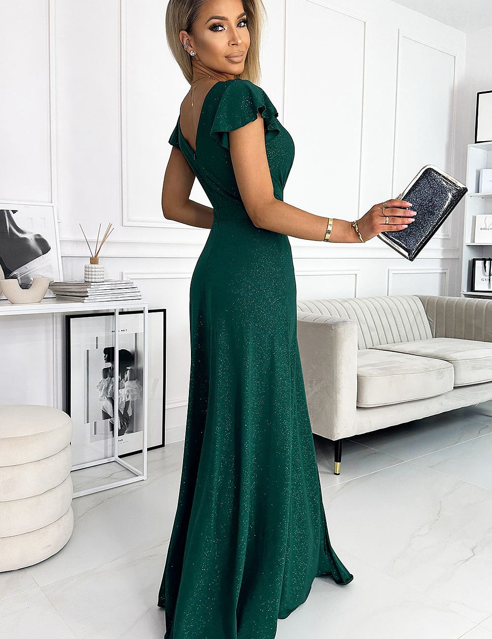 Bottle green Elisette Glitter Wrap Gown with glamorous glitter finish, wrap neckline, and elegant thigh-high slit for formal events.