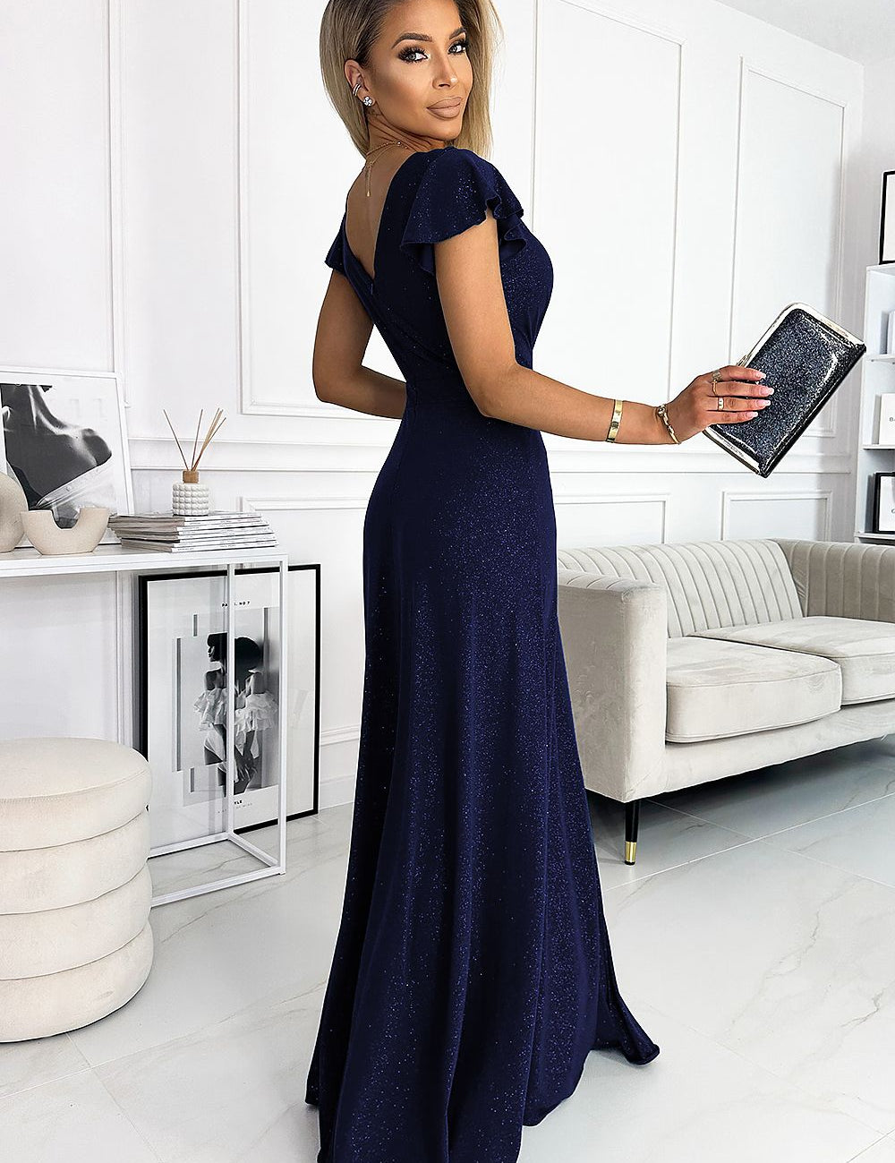 Selvianne navy glitter wrap gown with envelope neckline, thigh-high slit and elegant silhouette, perfect for formal events or weddings.