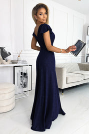 Selvianne navy glitter wrap gown with envelope neckline, thigh-high slit and elegant silhouette, perfect for formal events or weddings.