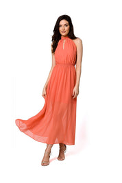 Model wearing Ellarose Halter Chiffon Midi Dress in coral, featuring a halter neckline, front slit, and flowing chiffon fabric.
