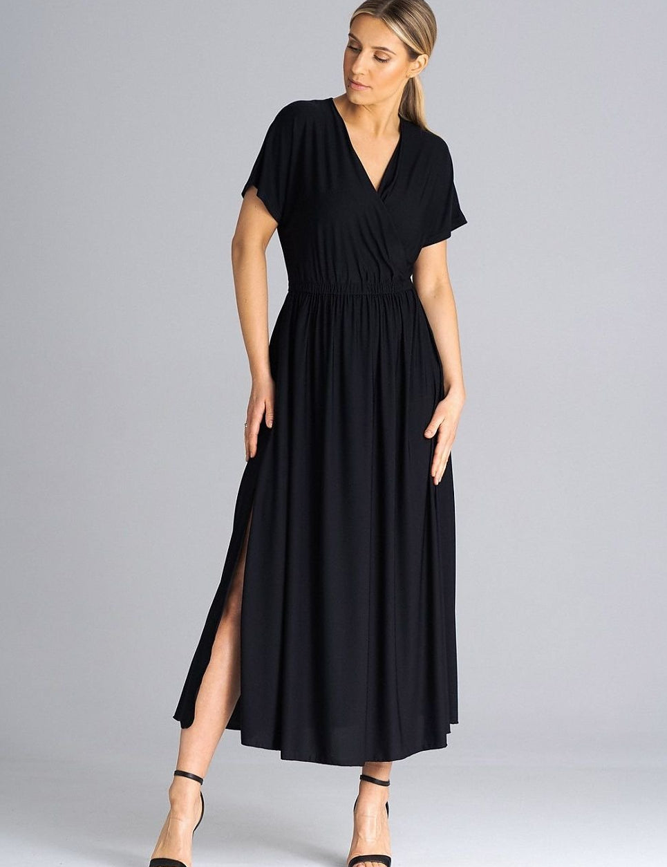 Ravelle Draped Slit Midi Dress with V-neckline and short sleeves, featuring a relaxed fit, gathered waist, and dual side slits for elegance.