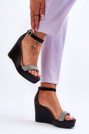 Aveloria Gemstone Platform Sandals with rhinestone accents, eco leather, bold anchor heel, and cushioned insole for elegance and comfort.