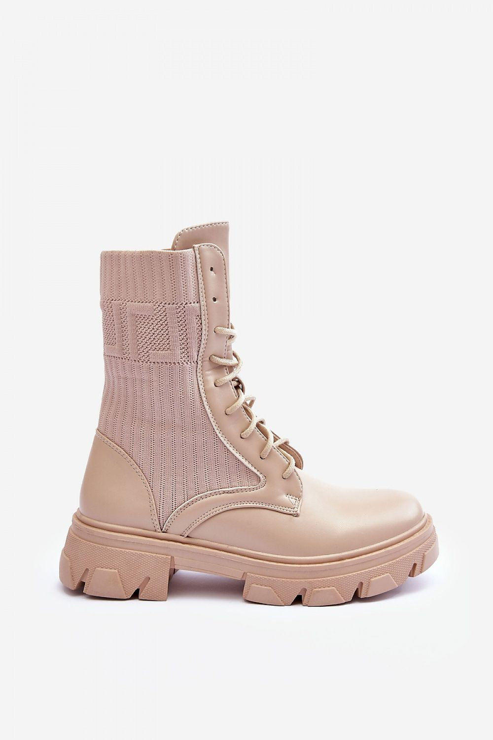 Norvessa Boundlace Sculpted Form platform boots in eco leather and stretch fabric with a high upper, custom lacing, and solid heel.