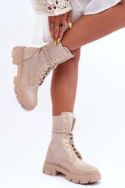 High platform boots in eco leather and stretch fabric with classic lacing system, high upper, and solid heel for urban edge style.