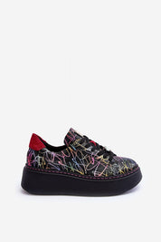 Rinalve Leather Platform Sneakers with multicolor abstract design, sculpted sole, and jewelry charm on the laces for added style.