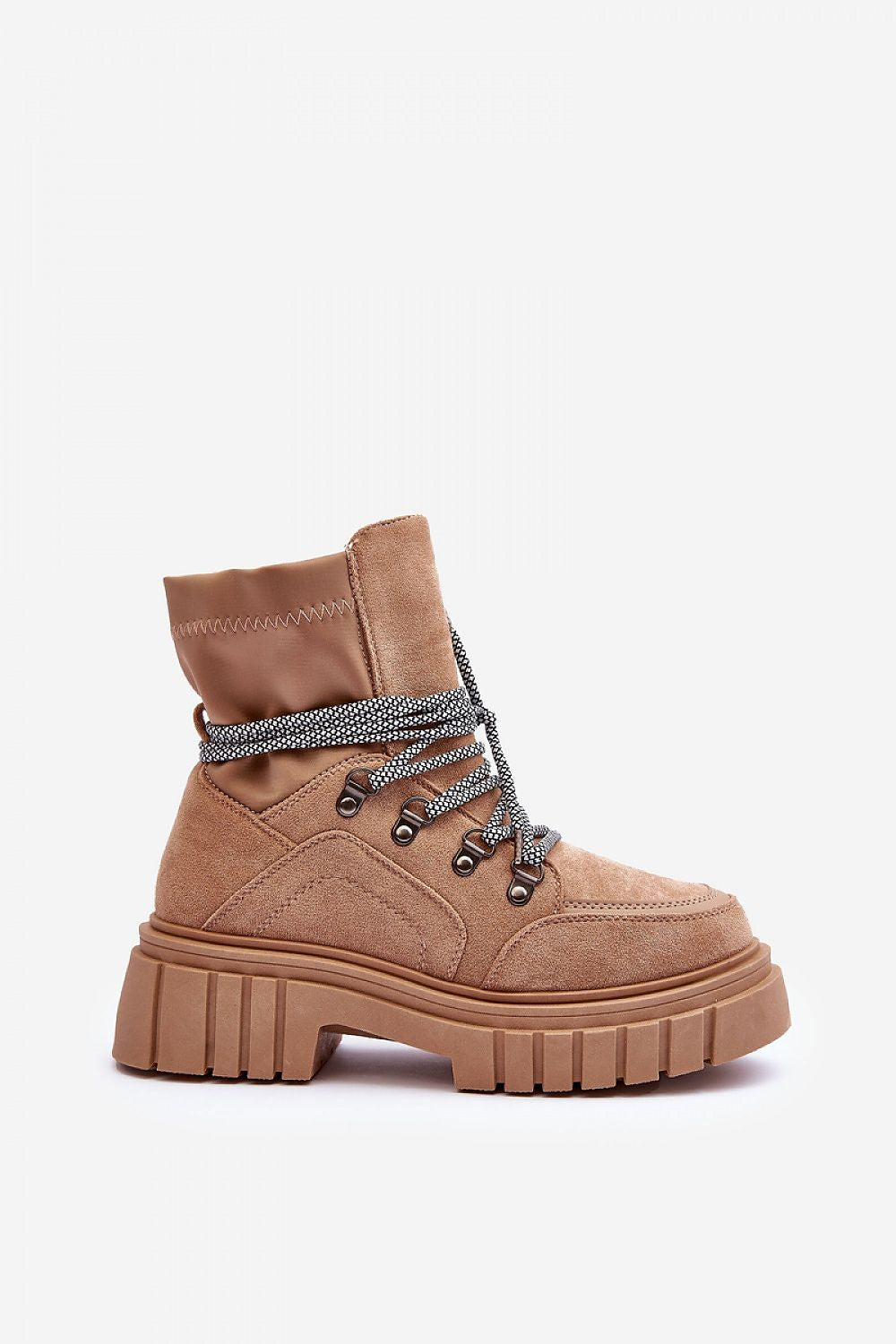 Serrina Eco-Suede Chunky Heel Boots with block heel, platform, and lace-up design, crafted for winter with warm lining.