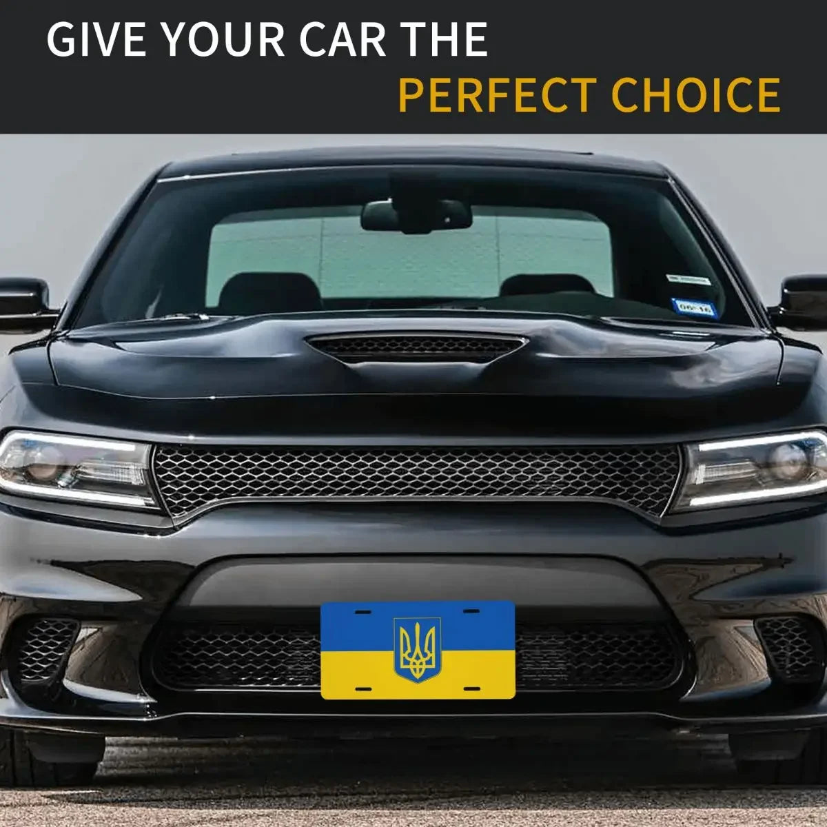 Black car with custom Ukrainian license plate displaying the Ukraine flag in durable aluminum, showcasing patriotism.