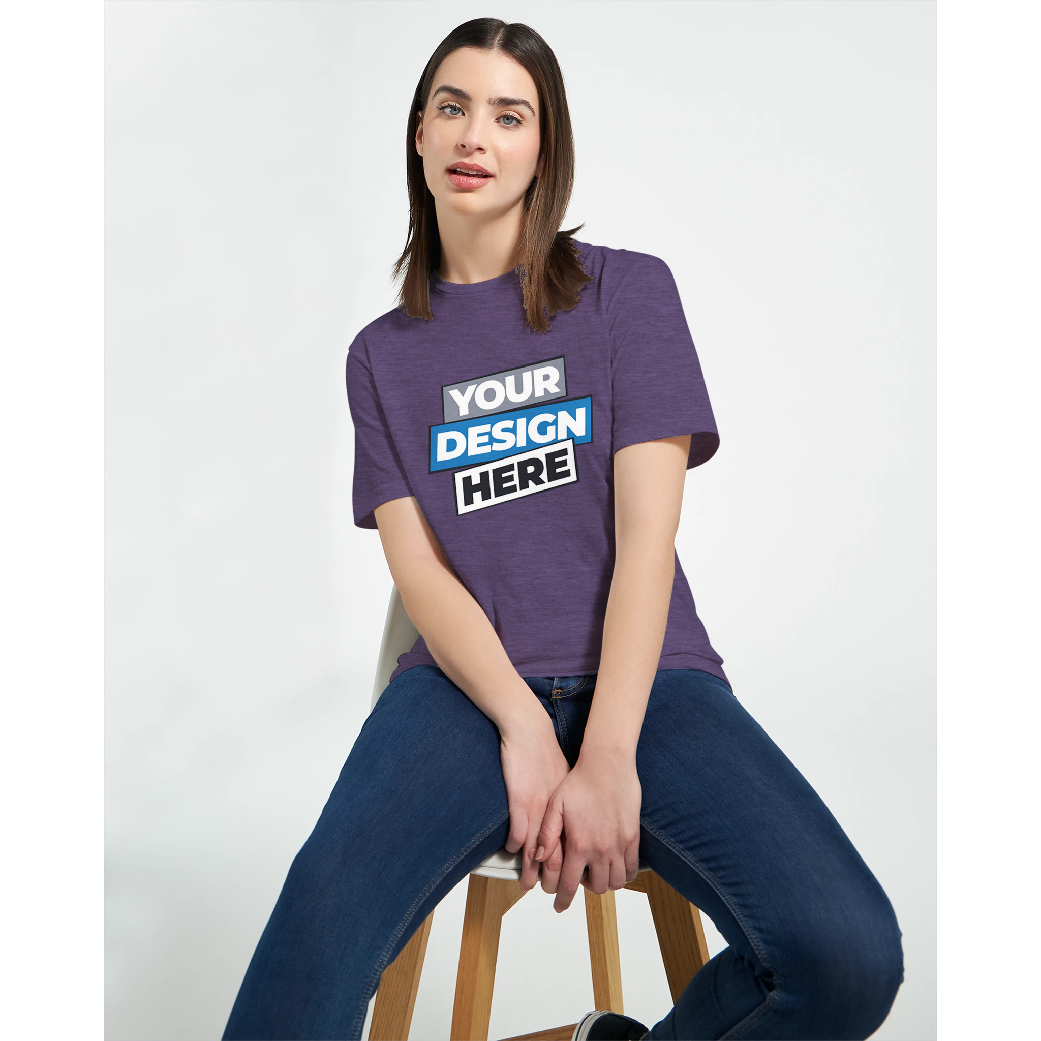 Woman wearing Zalmera women’s cotton t-shirt for print customization, showcasing comfort and style in purple, semi-fitted design.
