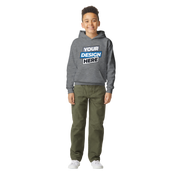 Youth wearing Terylo fleece hoodie in gray with custom design, perfect for winter play. Features soft fleece and classic fit.