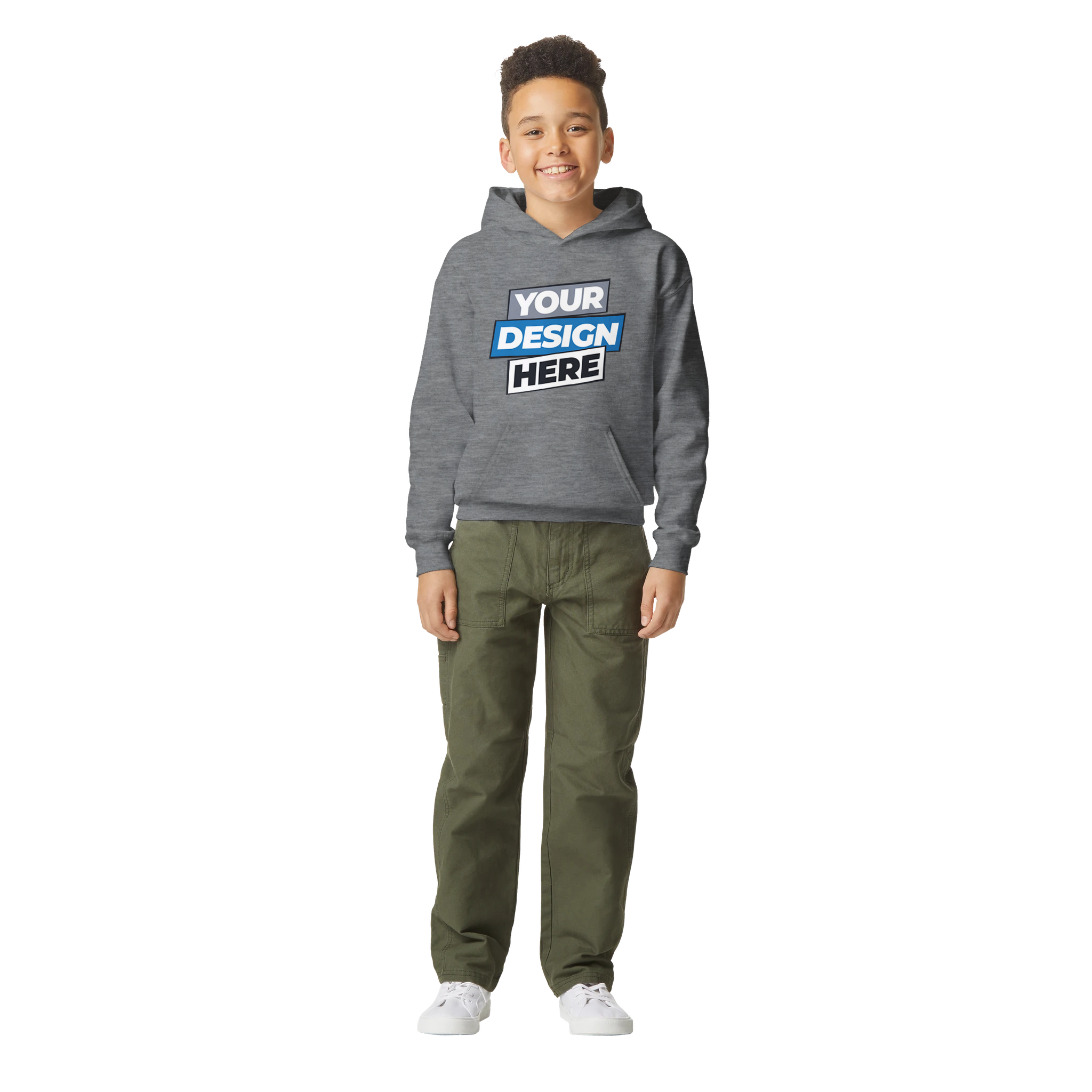 Youth wearing Terylo fleece hoodie in gray with custom design, perfect for winter play. Features soft fleece and classic fit.