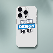 Glossy iPhone case with customizable text saying 'Your Design Here', featuring dual-layer protection and wireless charging compatibility.