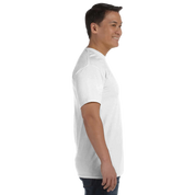 Side view of man wearing white Durmor heavyweight T-shirt, showcasing its structure and fit, made from 100% US-grown ring-spun cotton.