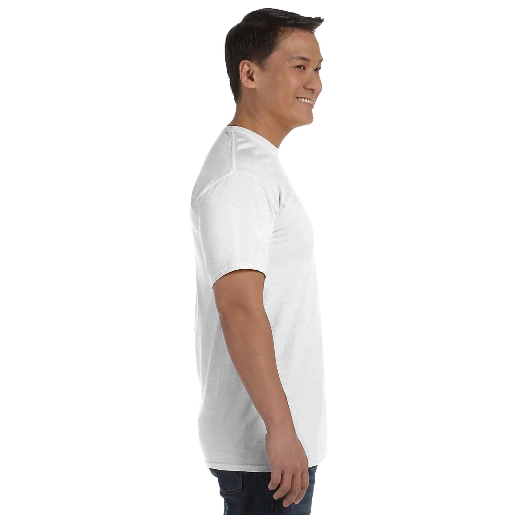 Side view of man wearing white Durmor heavyweight T-shirt, showcasing its structure and fit, made from 100% US-grown ring-spun cotton.